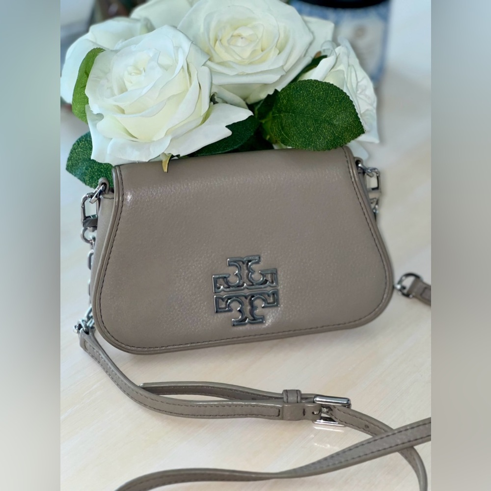 Tory Burch Taupe Pebbled Leather Crossbody with Logo